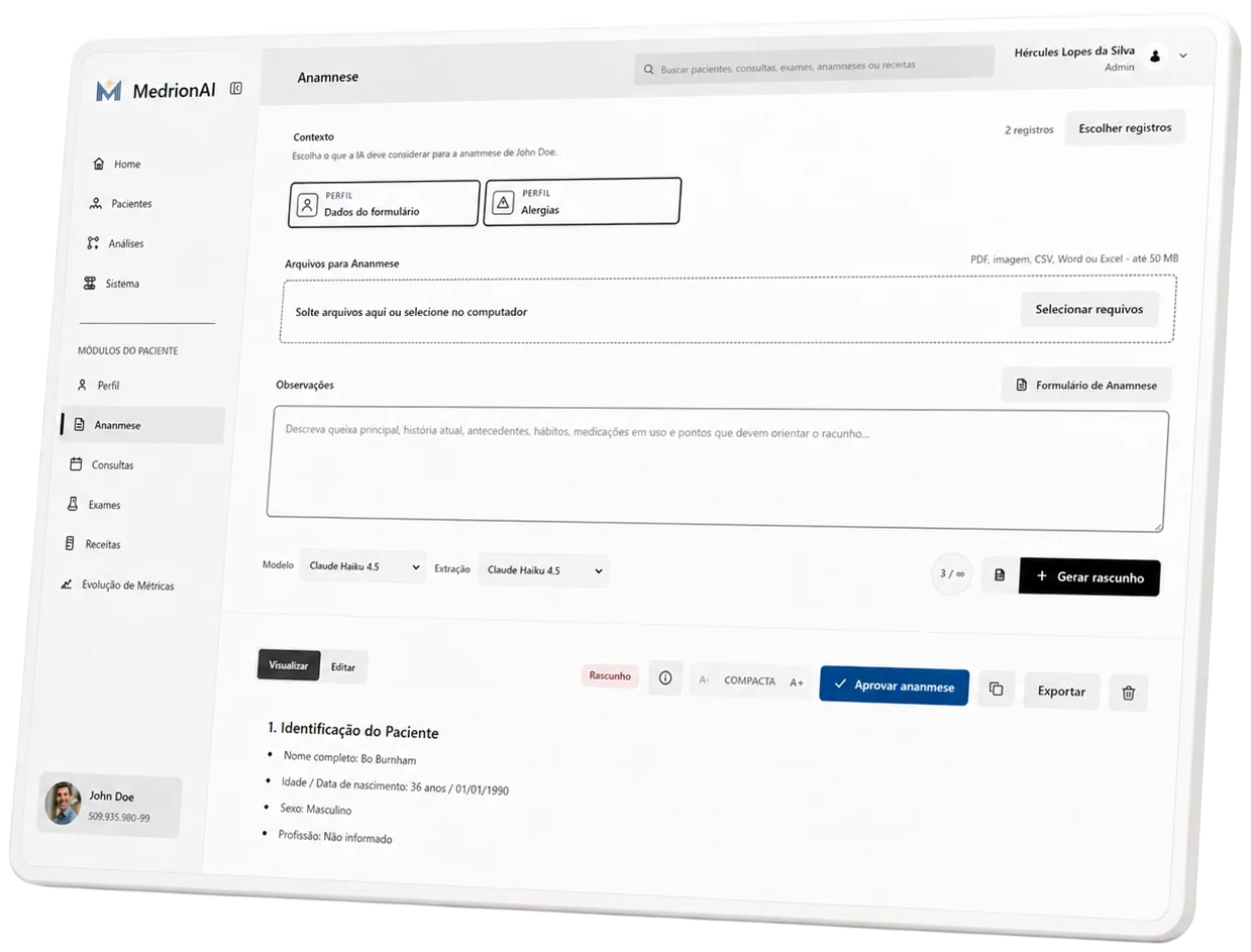 Plataforma Medrion gerando uma anamnese estruturada por IA